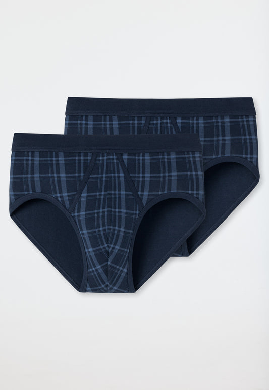 172691-803 Schiesser Sports fine rib double pack with fly-front dark blue plaid pattern - Original Classics