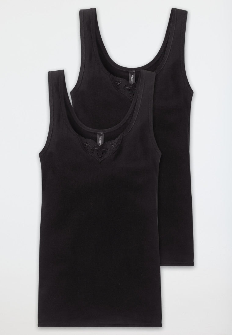 144359-0 Schiesser 2-pack black strap tops with embroidery - Cotton Essentials