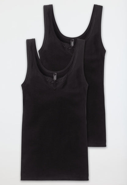 144359-0 Schiesser 2-pack black strap tops with embroidery - Cotton Essentials