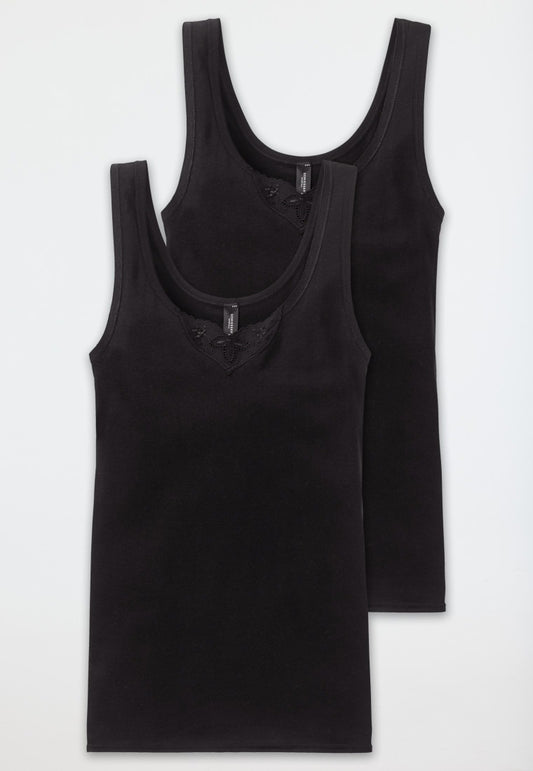 144359-0 Schiesser 2 top neri con spalline e ricamo - Cotton Essentials