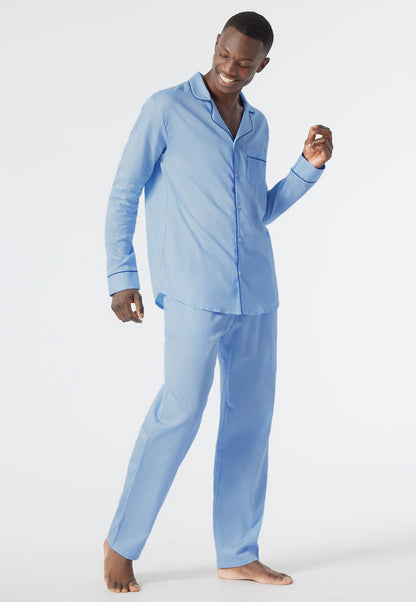 Pyjama long satin tissé patte de boutonnage bleu clair - selected! premium inspiration