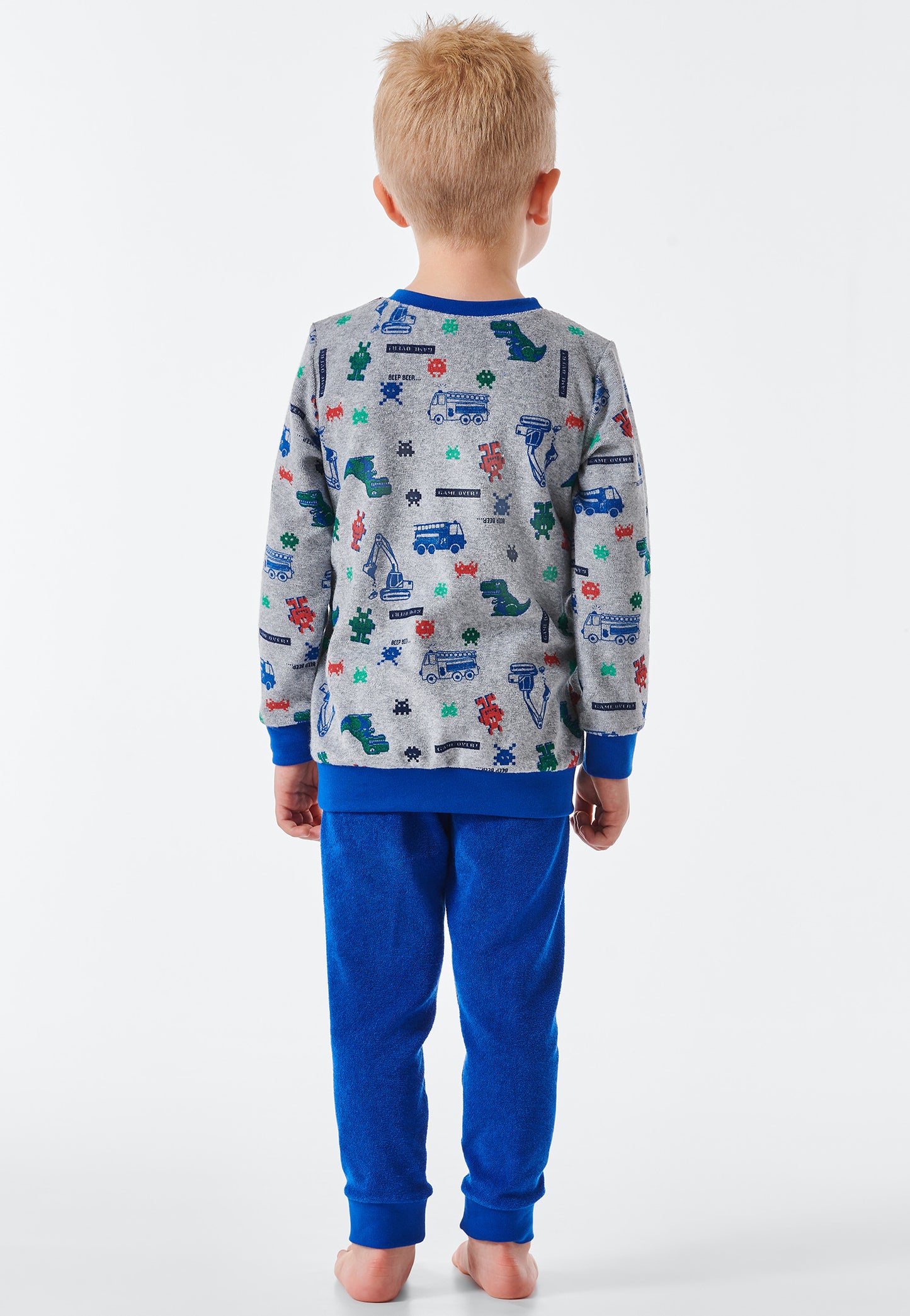 Pyjama long éponge bords-côtes véhicules Dino Pixel gris chiné - Boys World