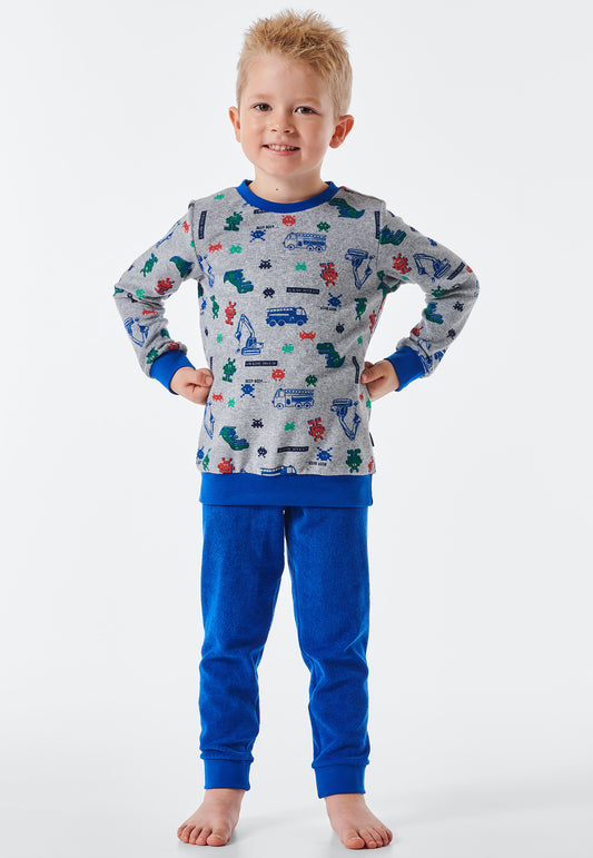 Pyjama long éponge bords-côtes véhicules Dino Pixel gris chiné - Boys World
