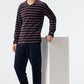 Schlafanzug lang Frottee V-Ausschnitt gestreift burgund/dunkelblau - Warming Nightwear