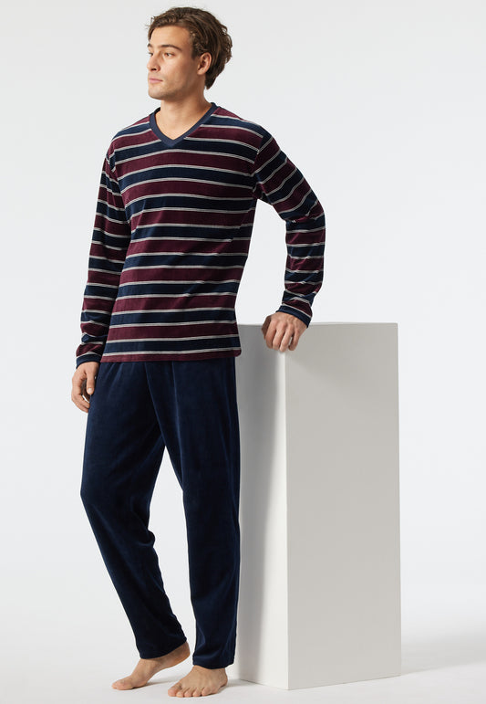 Pajamas long terry cloth V-neck striped burgundy/dark blue - Warming Nightwear