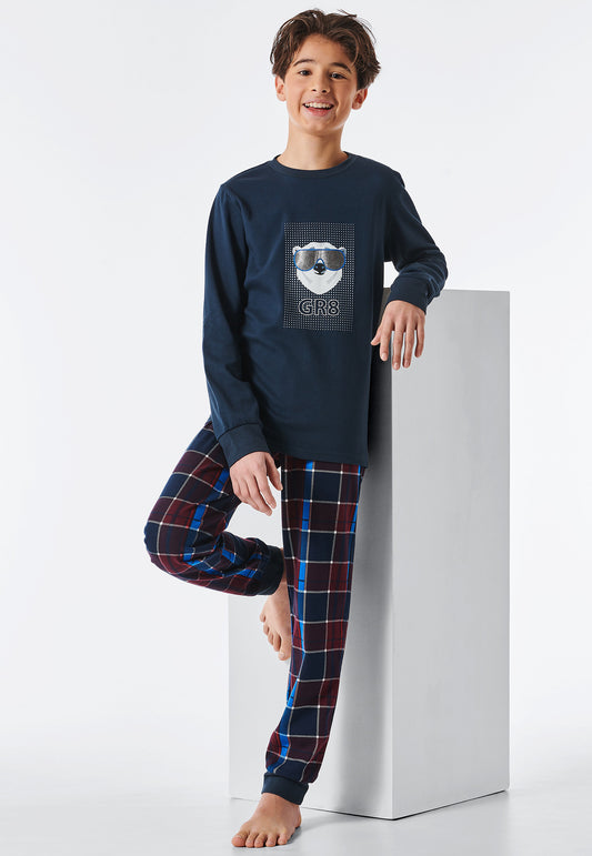 Pajamas long interlock organic cotton cuffs polar bear anthracite checkered - Feeling@Home