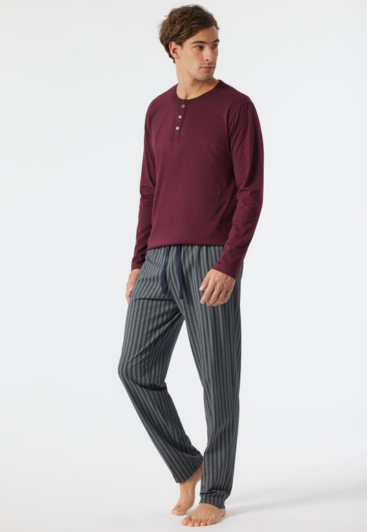 Schlafanzug lang Knopfleiste Fischgradmuster burgund/dunkelblau - Fashion Nightwear