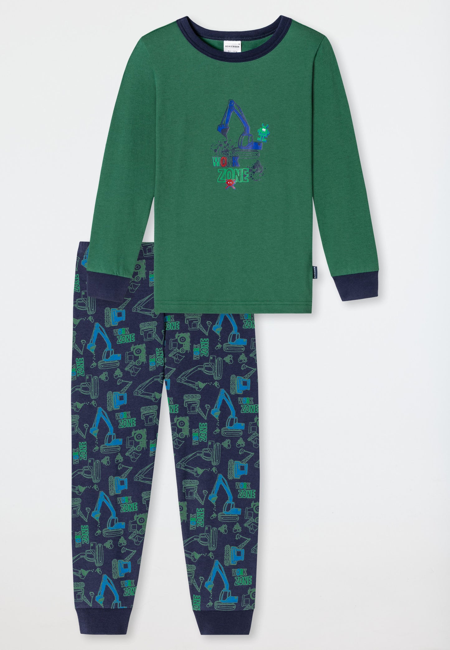 Pajamas long organic cotton cuffs excavator pixel green - Boys World