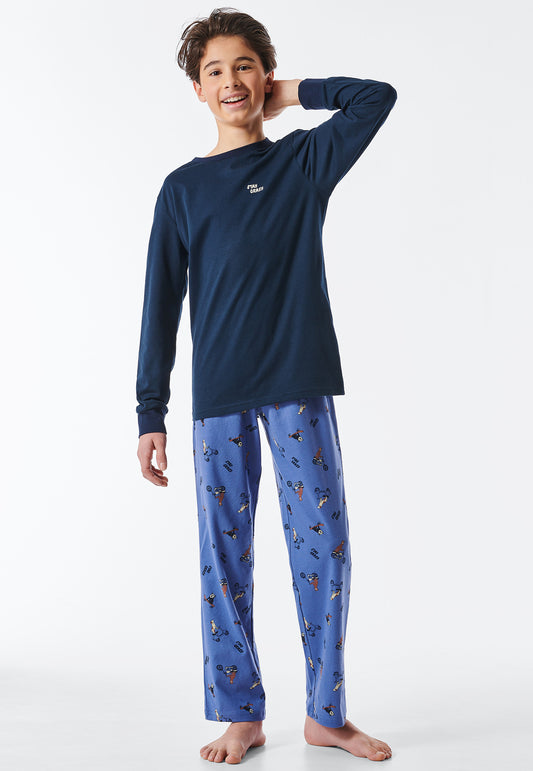 Long pajamas organic cotton cuffs dog skateboard indigo - Natural Rhythm