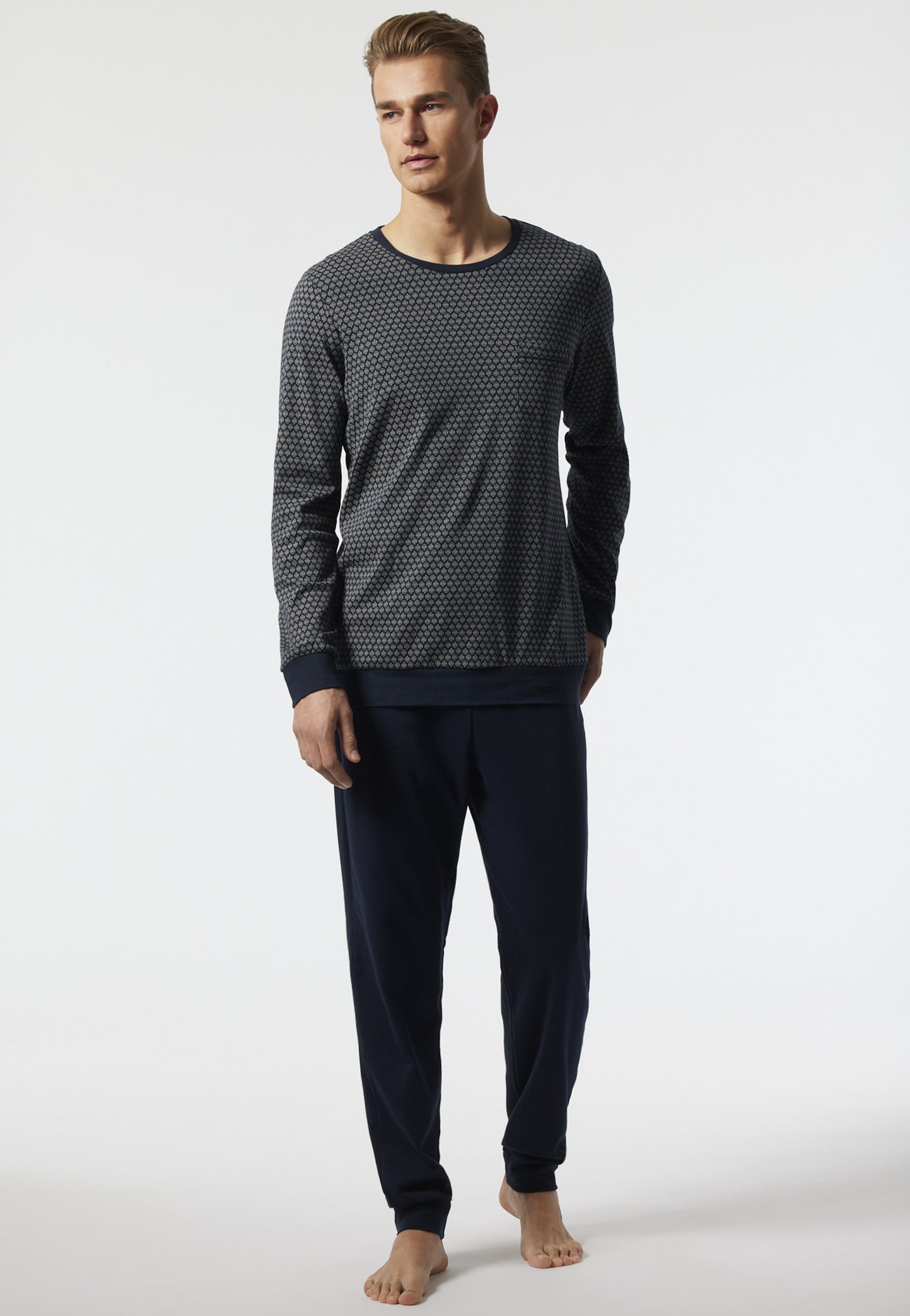 Pajamas long crew neck cuffs patterned dark blue - Fine Interlock