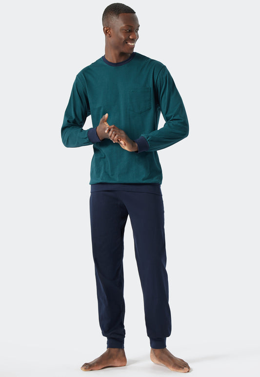 Schlafanzug lang Rundhals Bündchen gemustert dunkelgrün/dunkelblau - Essentials Nightwear