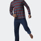 Pyjama long encolure ronde bords-côtes rayés bordeaux/bleu foncé - Comfort Fit