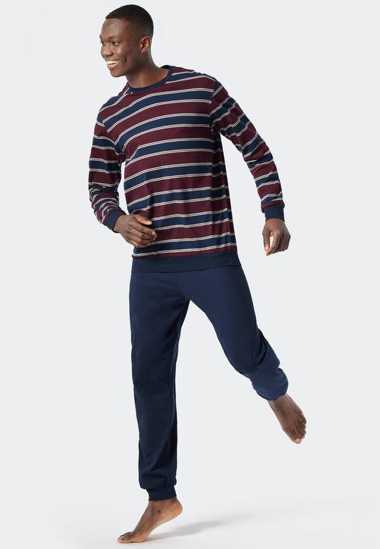 Pajamas long crew neck cuffs striped burgundy/dark blue - Comfort Fit