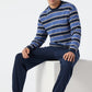 Pyjama long encolure ronde bords-côtes rayés bleu jean/bleu foncé - Comfort Fit