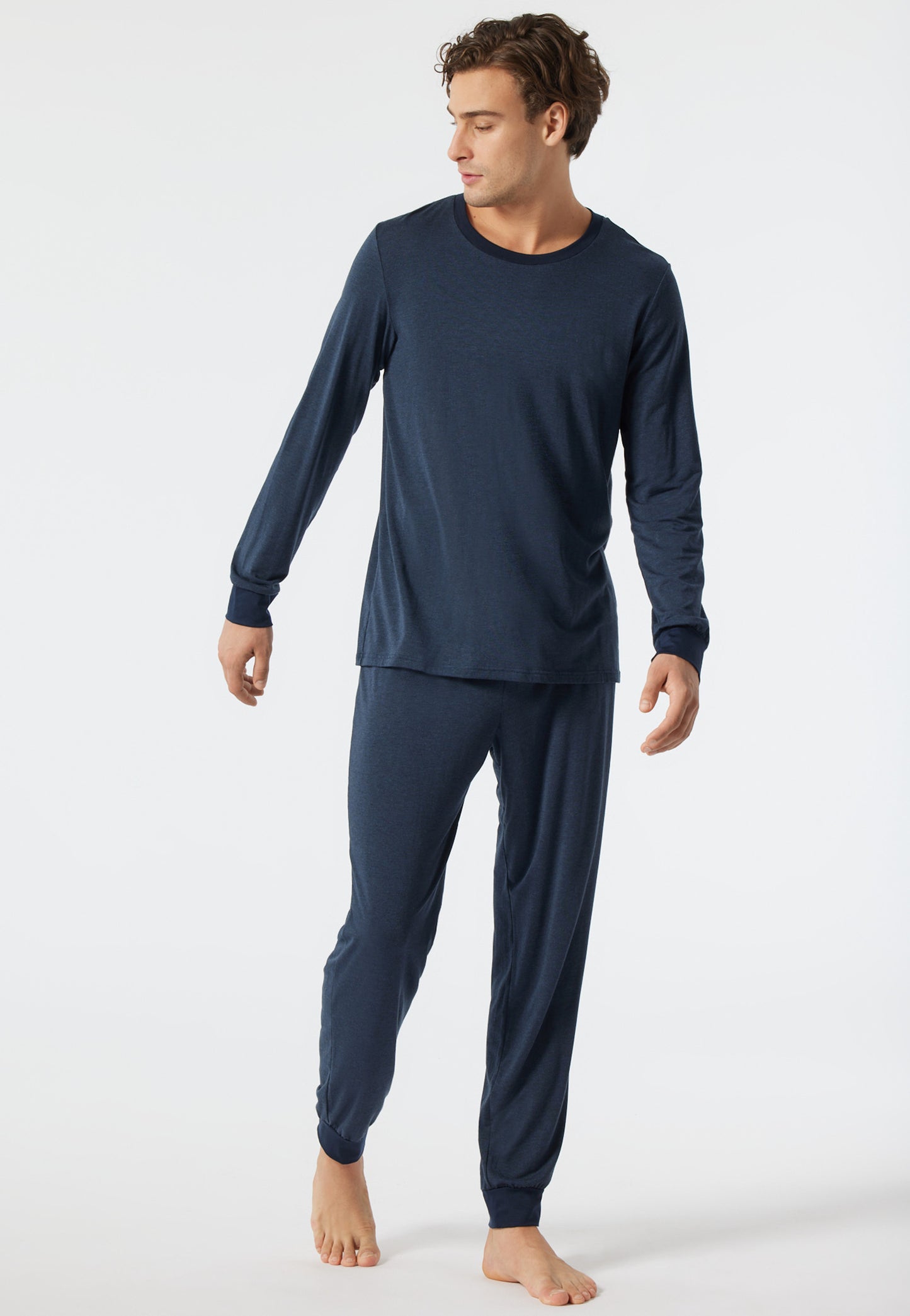 Schlafanzug lang Rundhals Tencel Nadelzugmuster dunkelblau - selected! premium