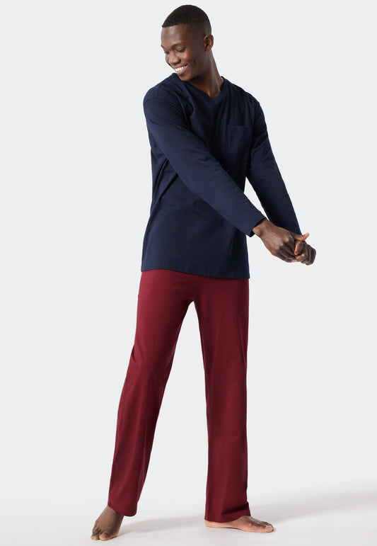 Pajamas long V-neck patterned burgundy/dark blue - Essentials Nightwear