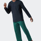 Pajamas long V-neck patterned dark green/dark blue - Essentials Nightwear