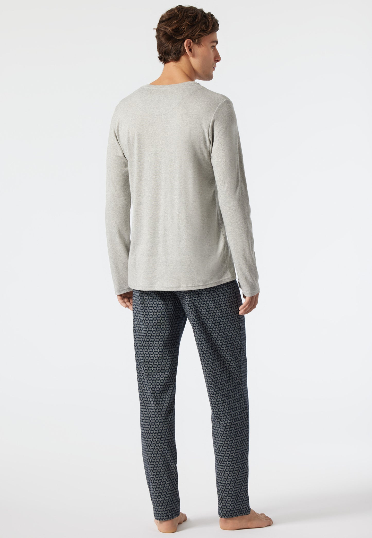 Pyjama long à encolure en V, à motifs, gris chiné/bleu foncé - Fine Interlock