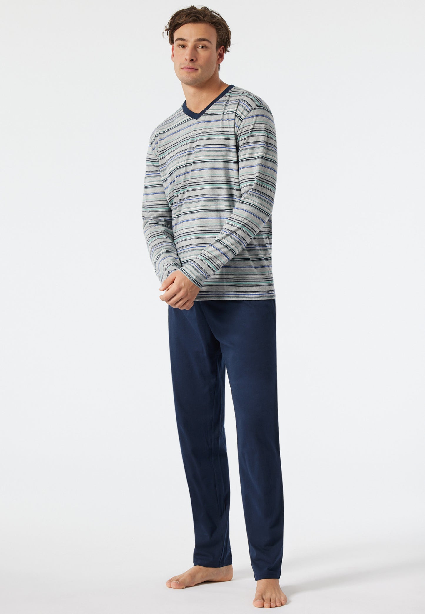 Pajamas long V-neck striped multicolored - Fashion Nightwear