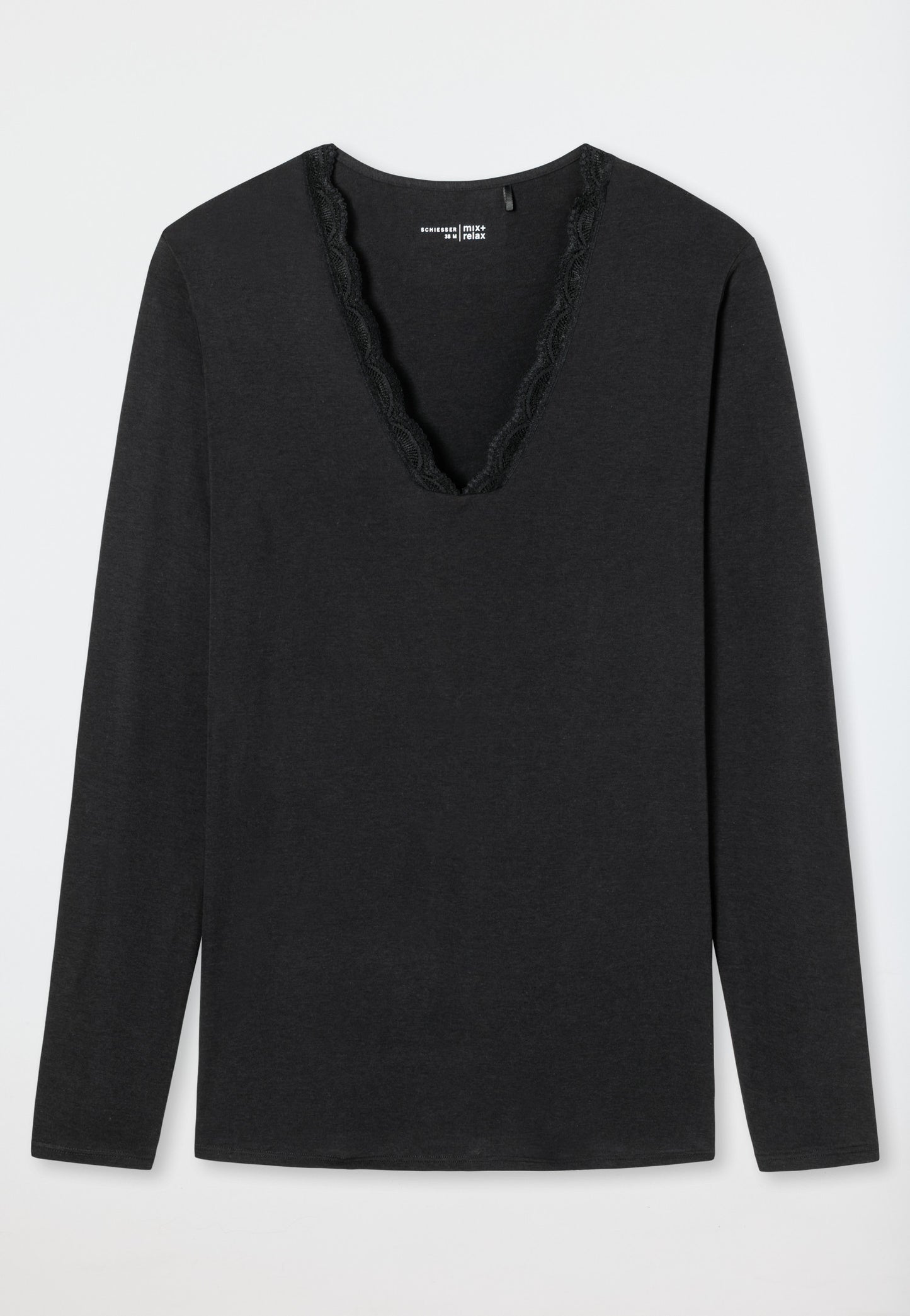 Shirt long-sleeved interlock V-neck lace black - Mix+Relax